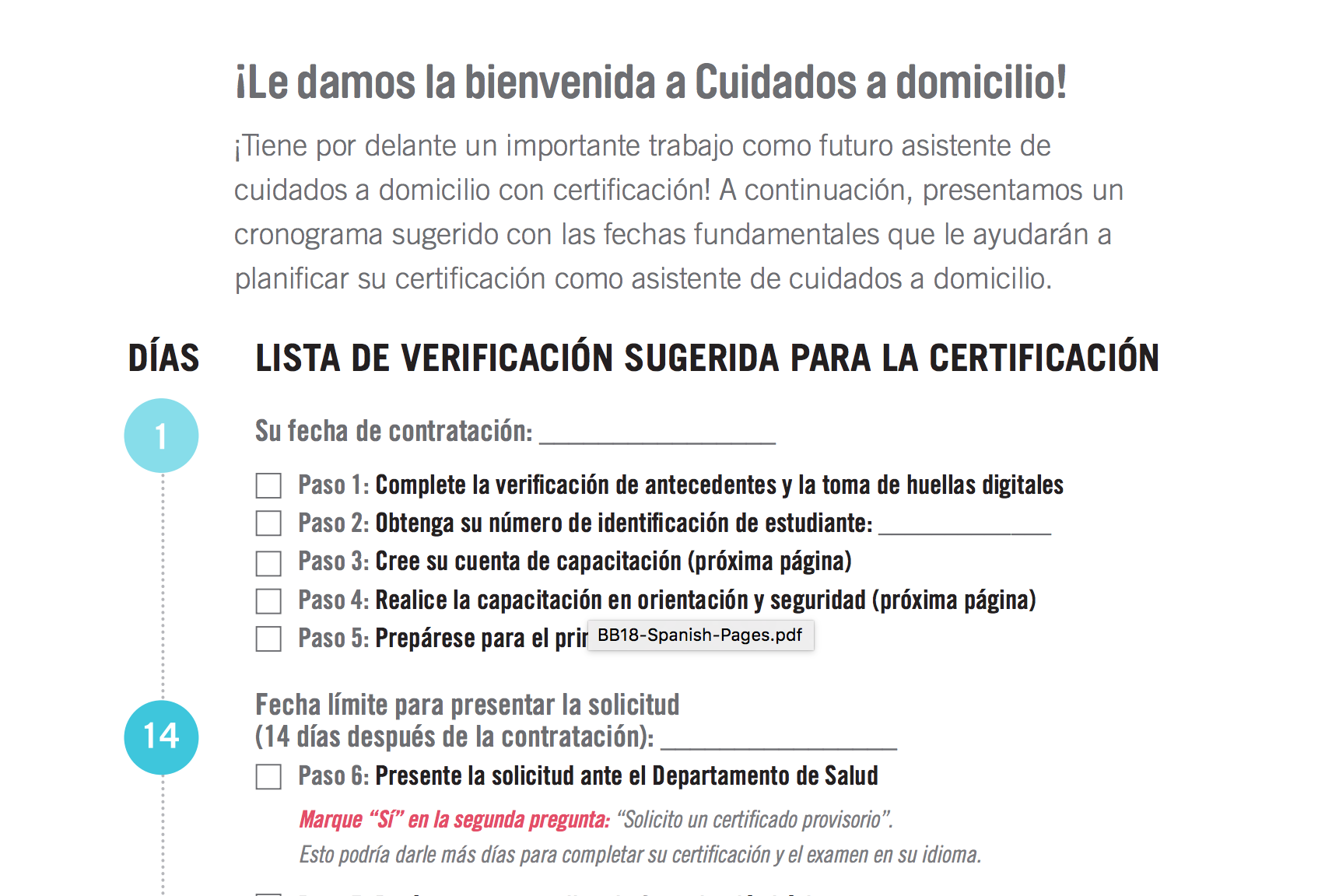 Spanish language caregiver checklist of proposals